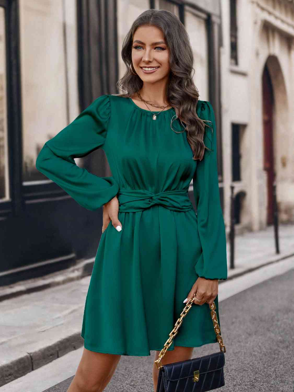 Twisted Round Neck Long Sleeve Dress