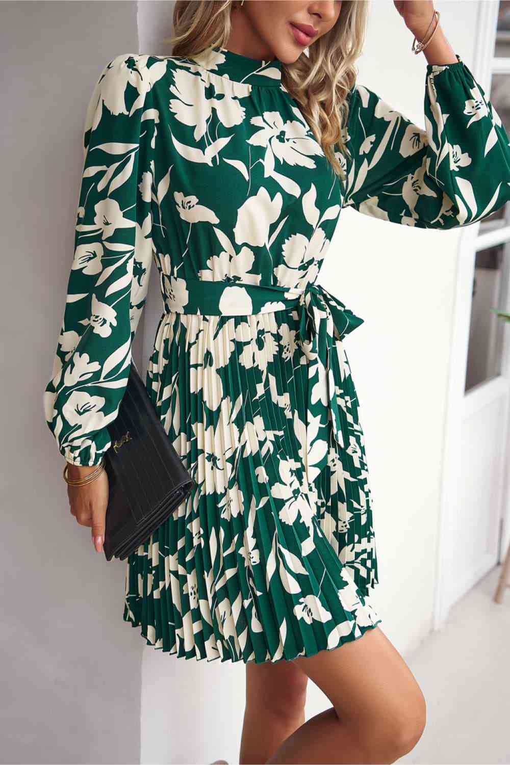 Floral Mock Neck Pleated Dress