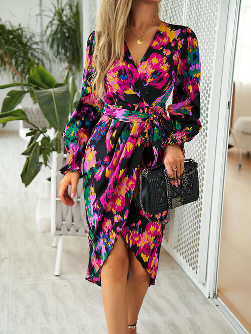 Printed Tie Front Lantern Sleeve Dress