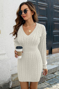 Cable-Knit V-Neck Mini Sweater Dress