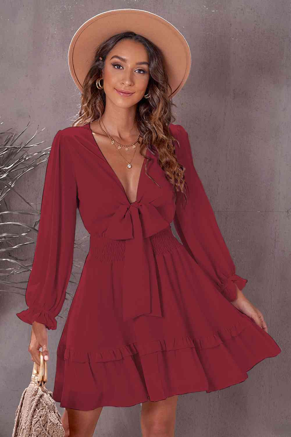 Plunge Smocked Waist Flounce Dress