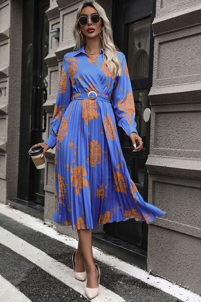 Floral Pleated Long Sleeve Dress