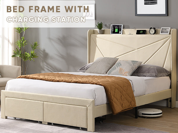 Bed Frame With Charge Ports and Storage - Queen