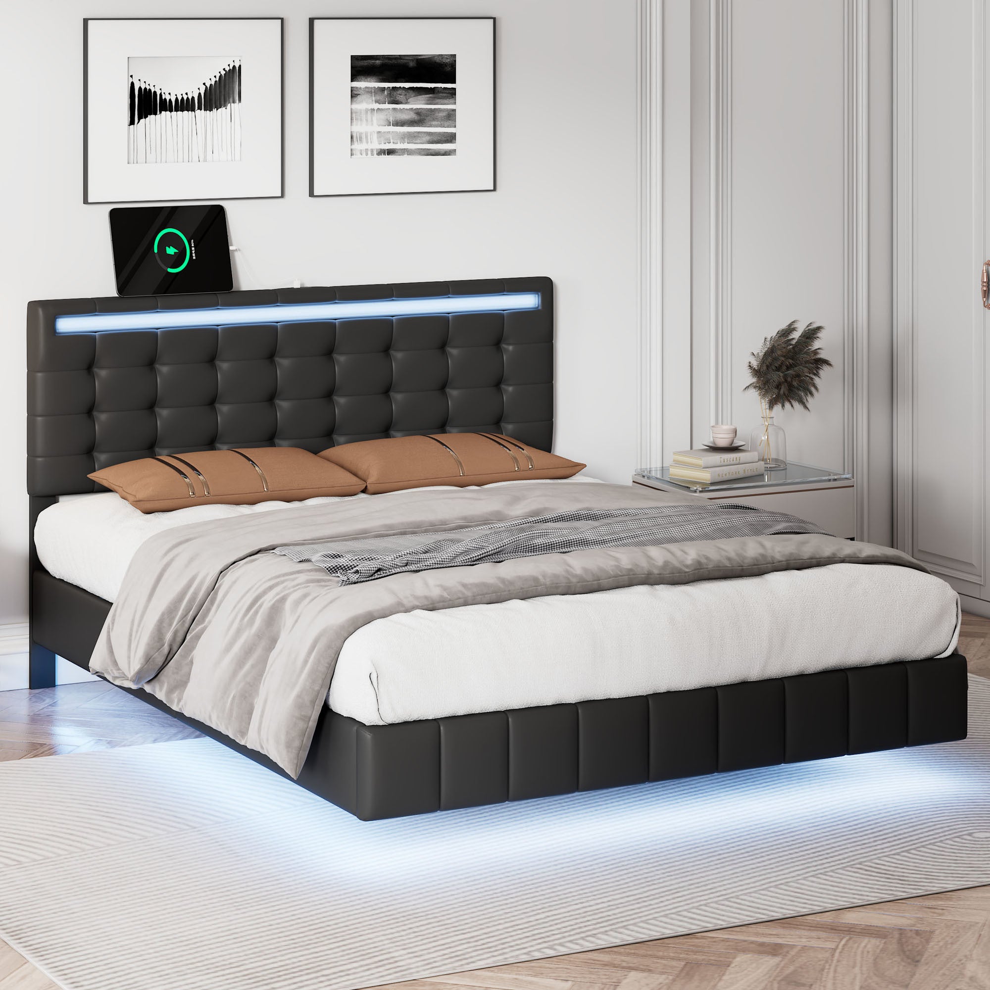 Floating Bed Frame with LED Lights and Charging Port - Full