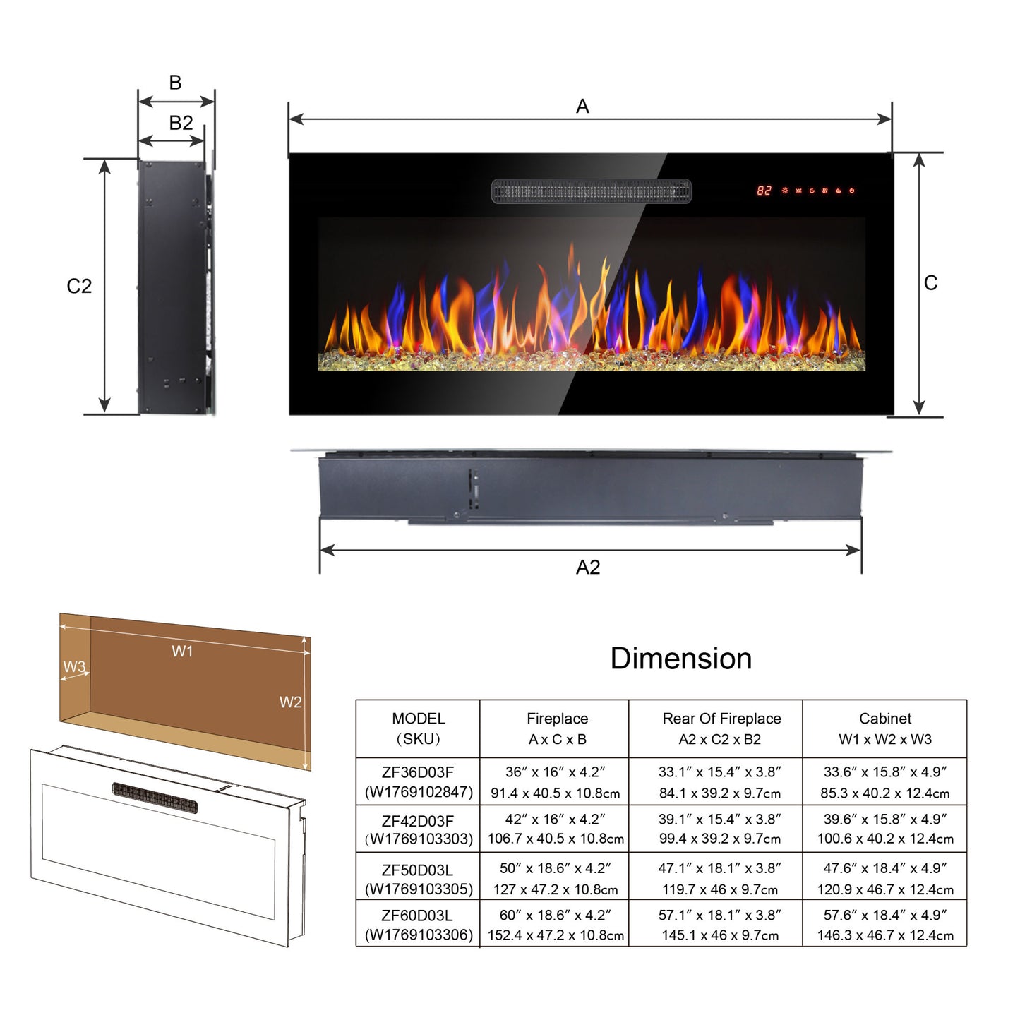 Tempered Glass Front Electric Fireplace with Remote 60"