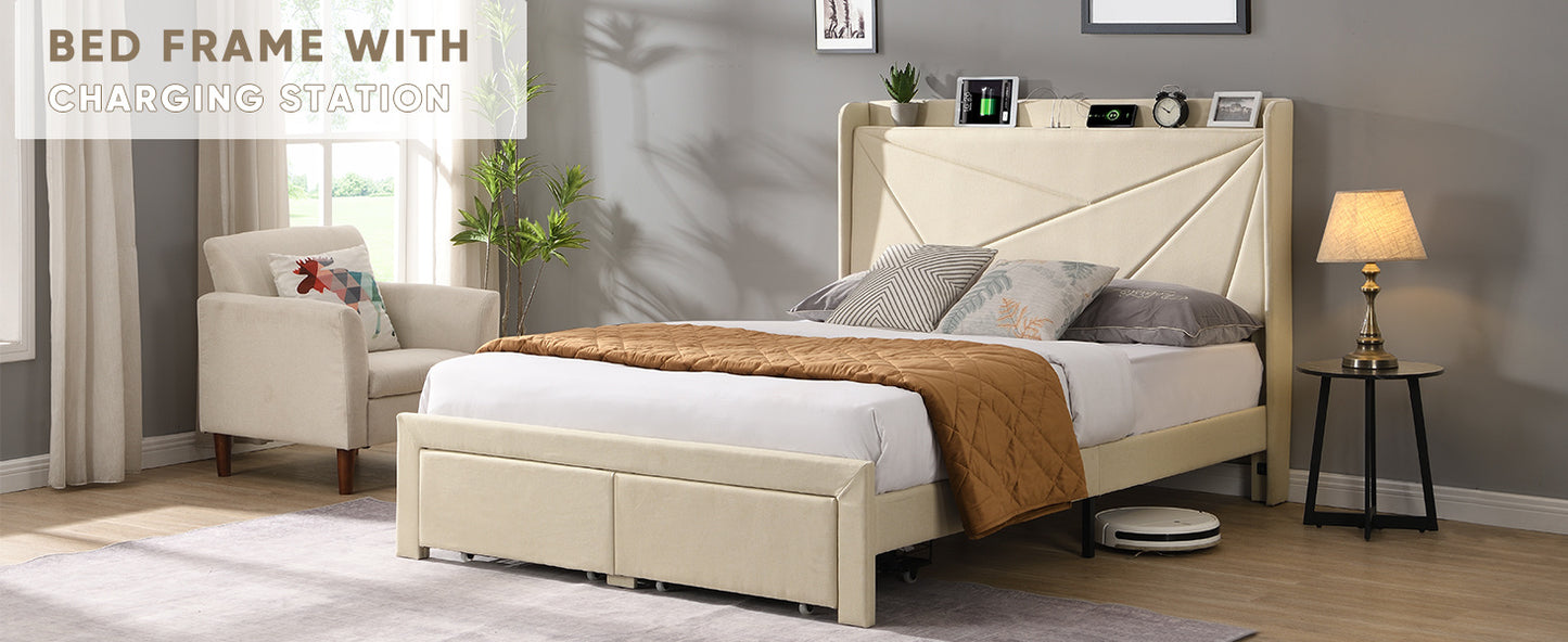 Bed Frame With Charge Ports and Storage - Queen