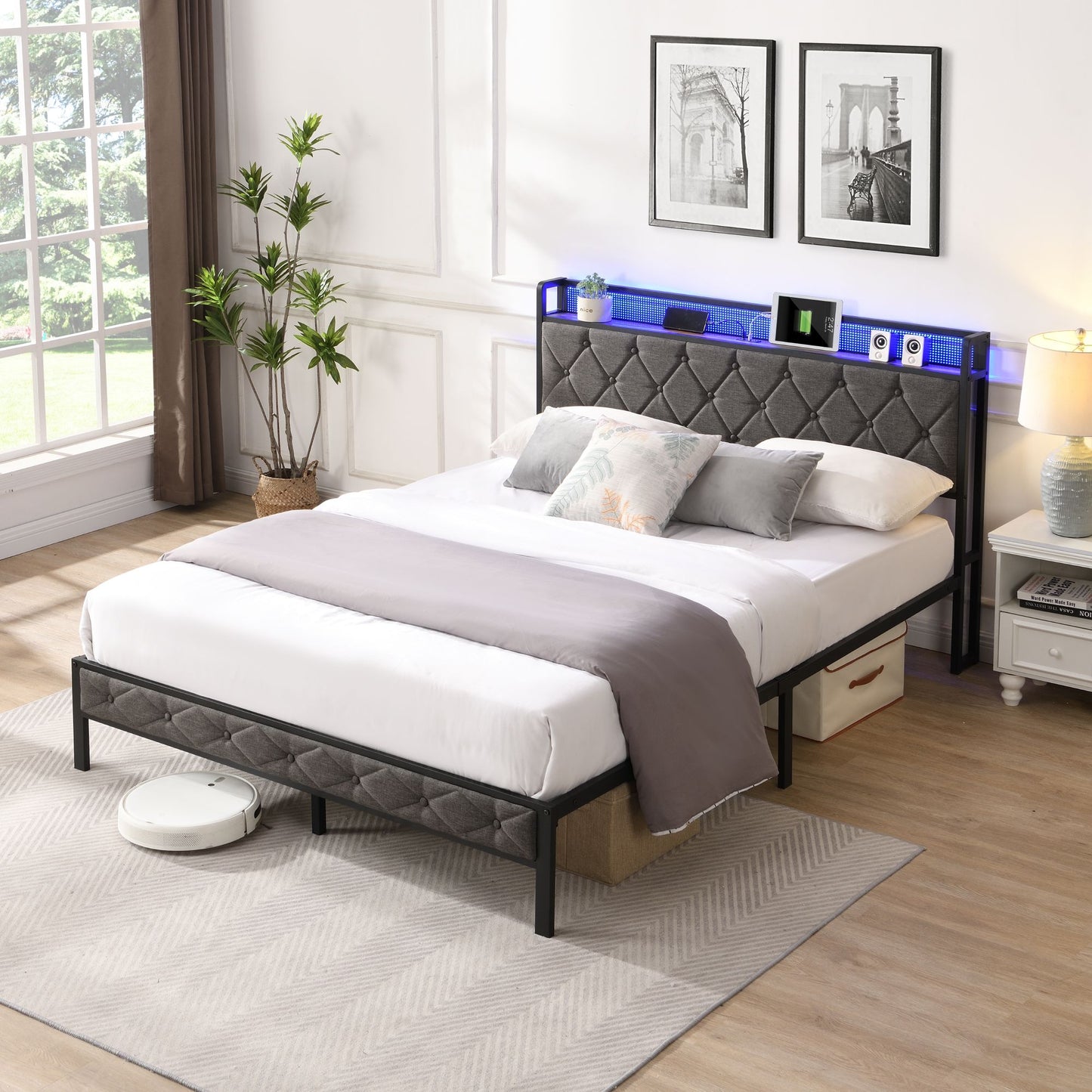 Bed Frame With LED Lights & Charger - Queen