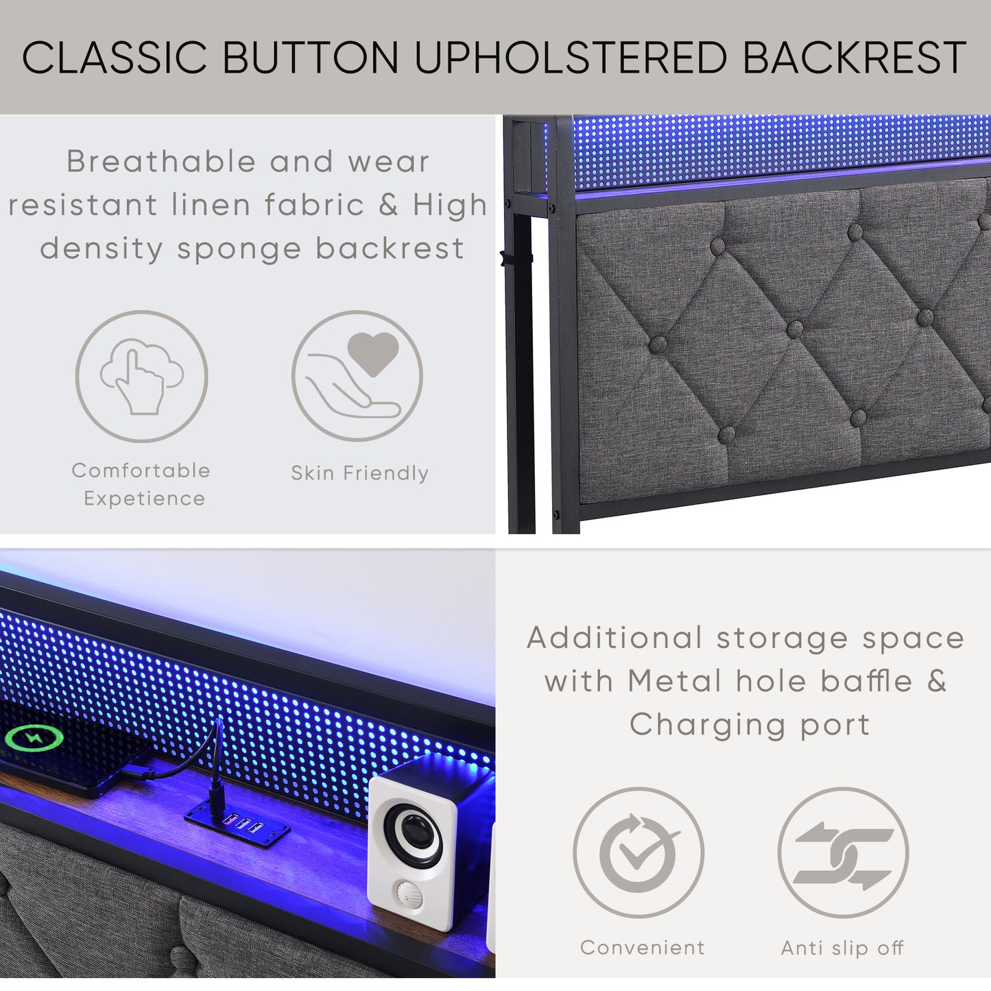 Bed Frame With LED Lights & Charger - Queen