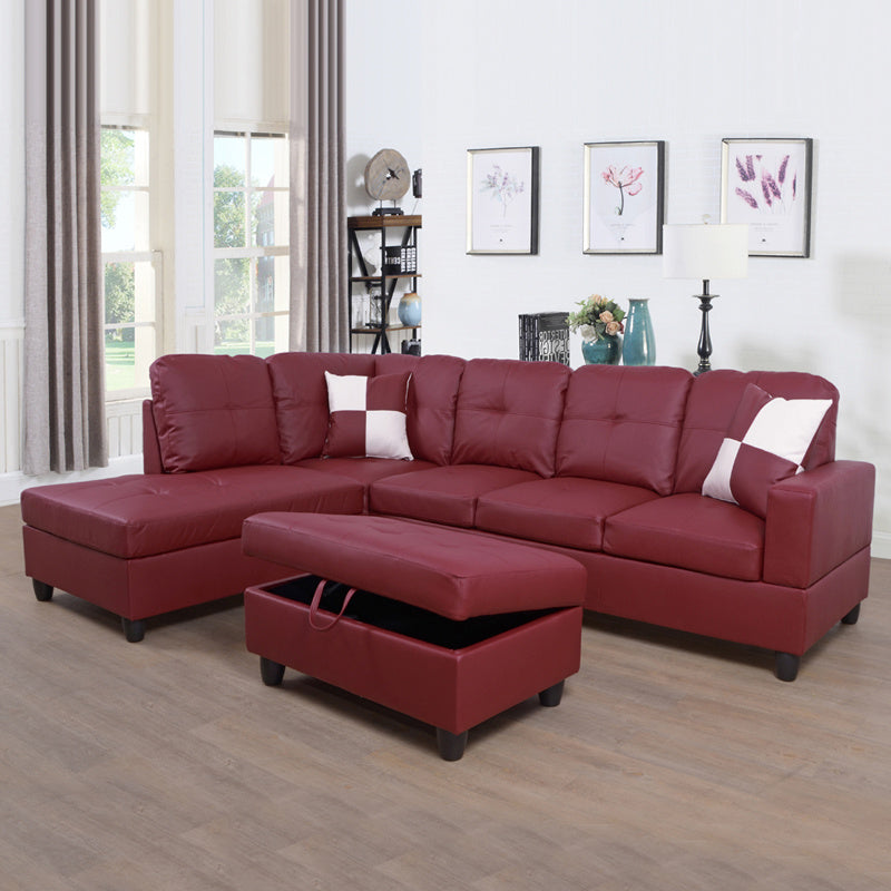 Red Faux Leather Sofa with Ottoman