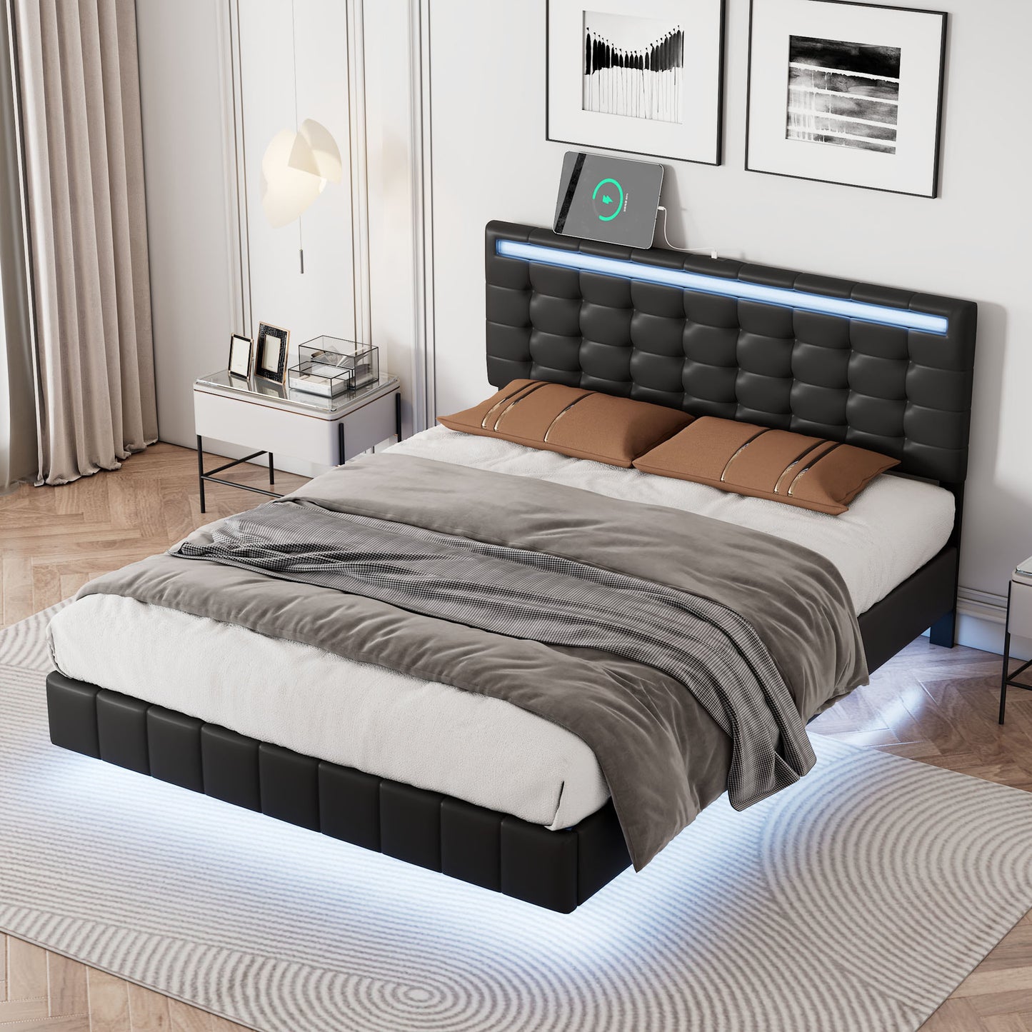 Floating Bed Frame with LED Lights and Charging Port - Full