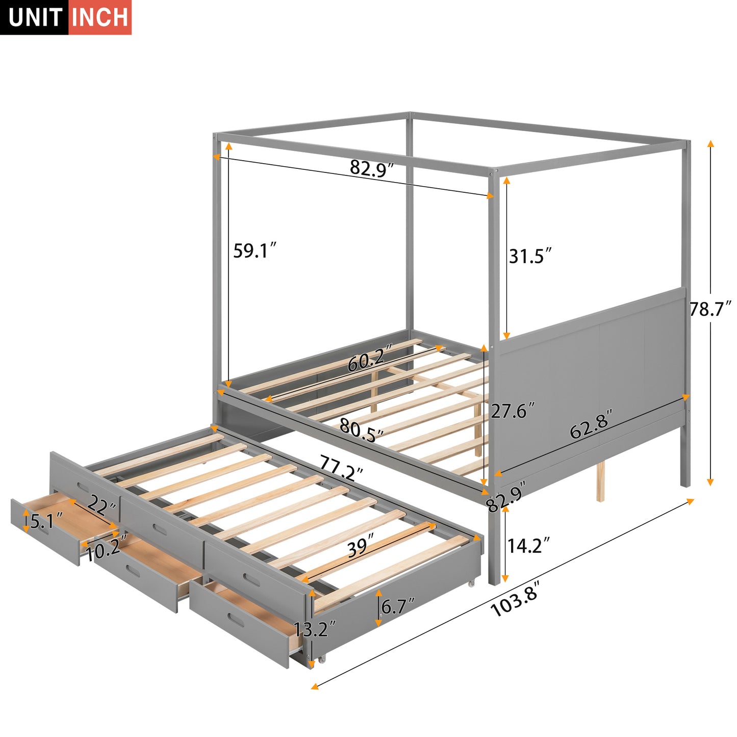 Queen Size Canopy Bed with Twin Size Trundle - Gray