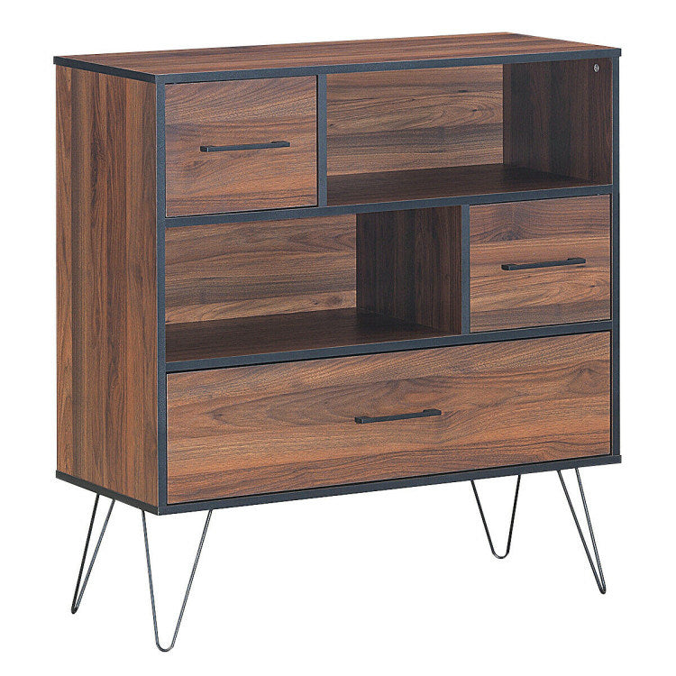 Wood Storage Cabinet with Drawers and Metal Legs