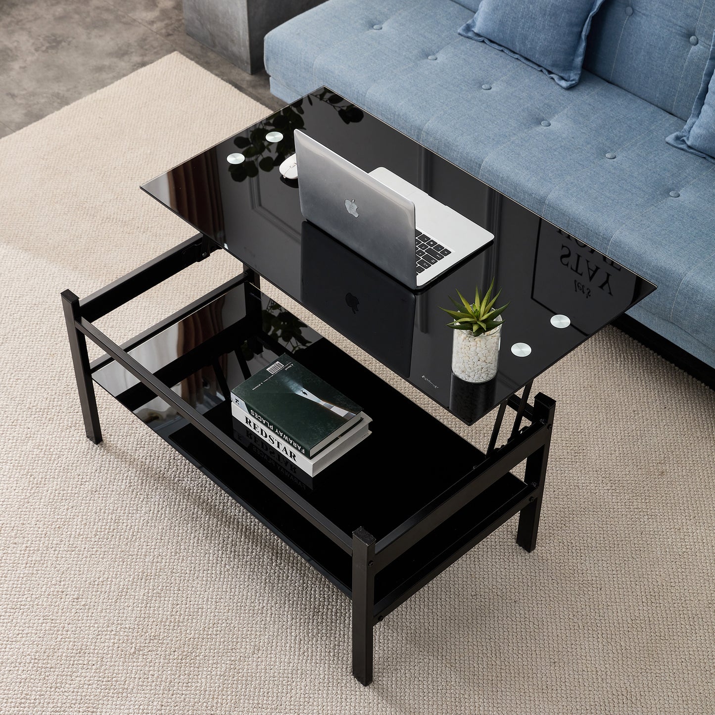 Black Glass Coffee Table with Lift-Top