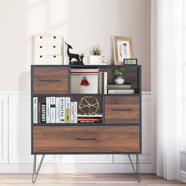 Wood Storage Cabinet with Drawers and Metal Legs