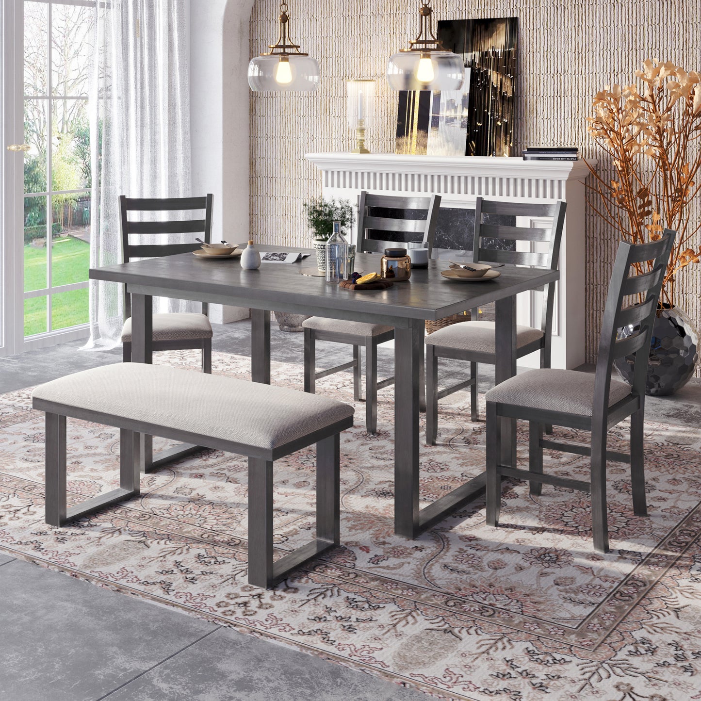 Solid Wood Dining Room Set with Table, 4 Chairs and Bench