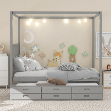 Queen Size Canopy Bed with Twin Size Trundle - Gray