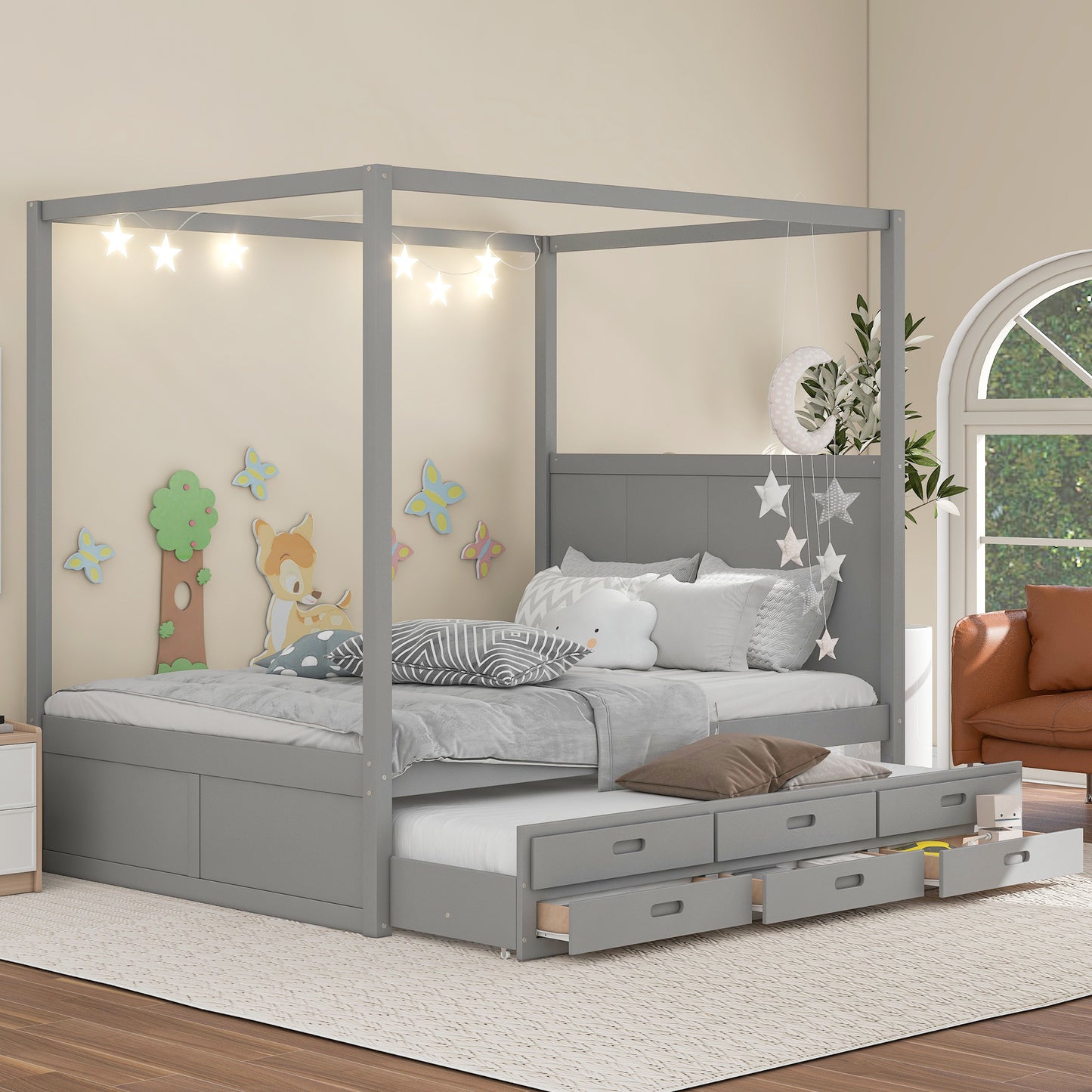 Queen Size Canopy Bed with Twin Size Trundle - Gray