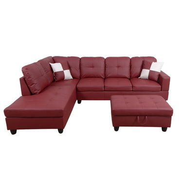 Red Faux Leather Sofa with Ottoman