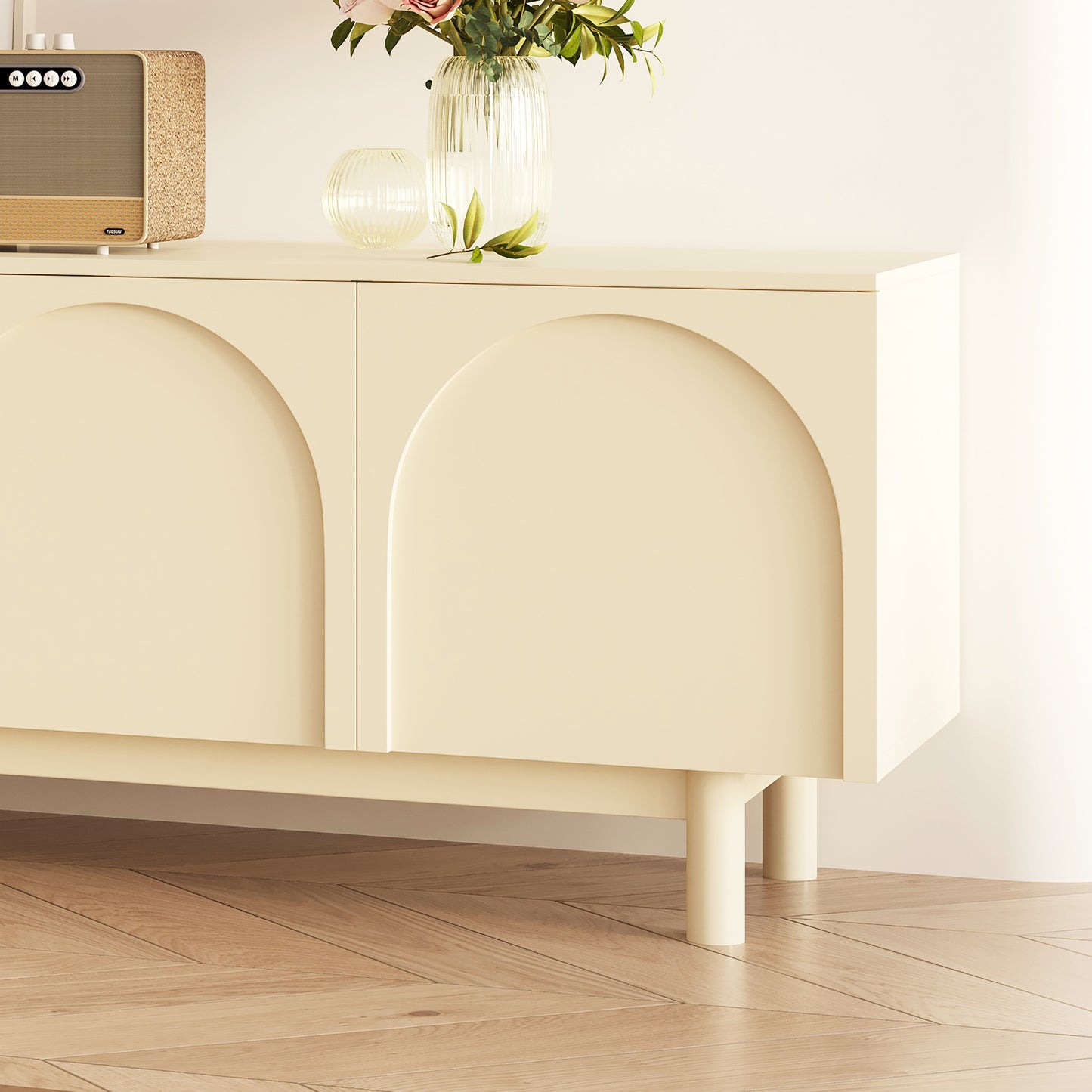 Modern TV Stand with Arched Doors - French Cream White