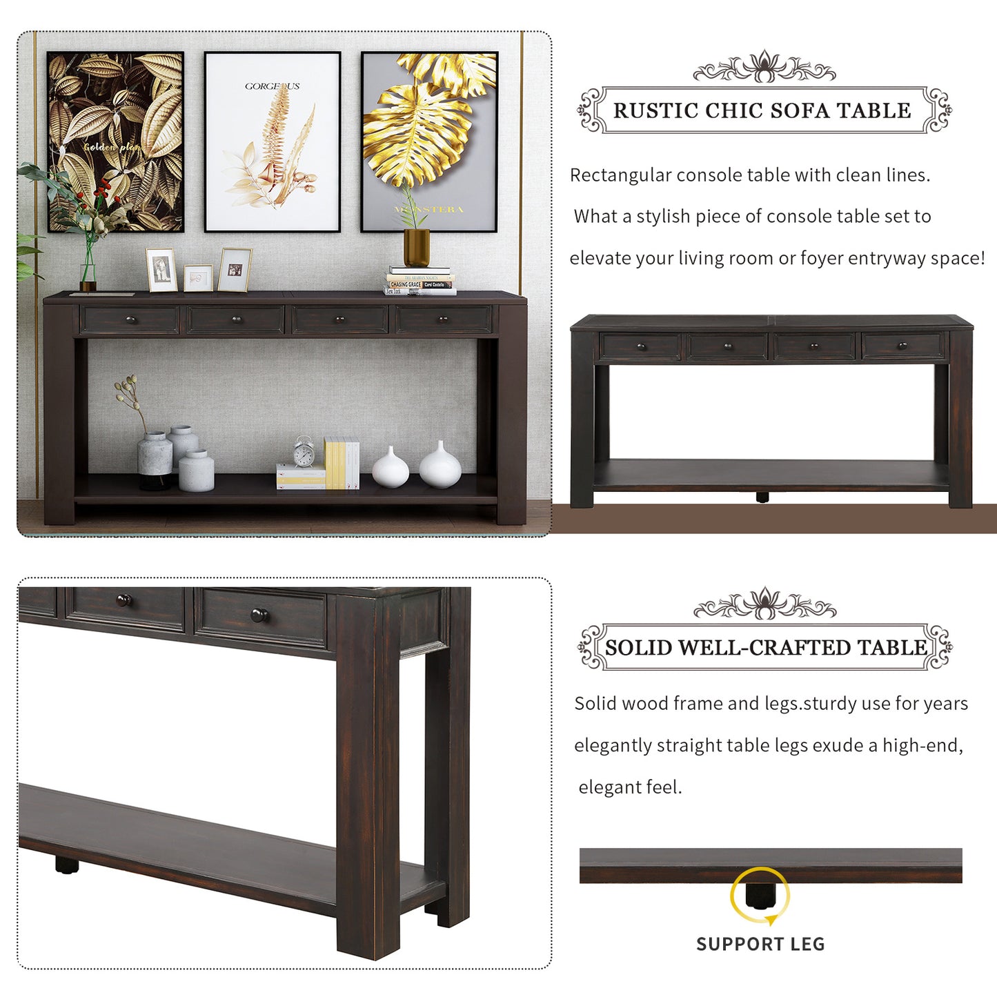 Console Table for Entryway Hallway Sofa Table with Storage Drawers and Bottom Shelf