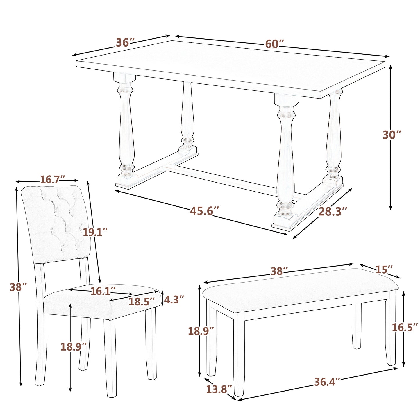 Dining Table With 4 Chairs and 1 Bench