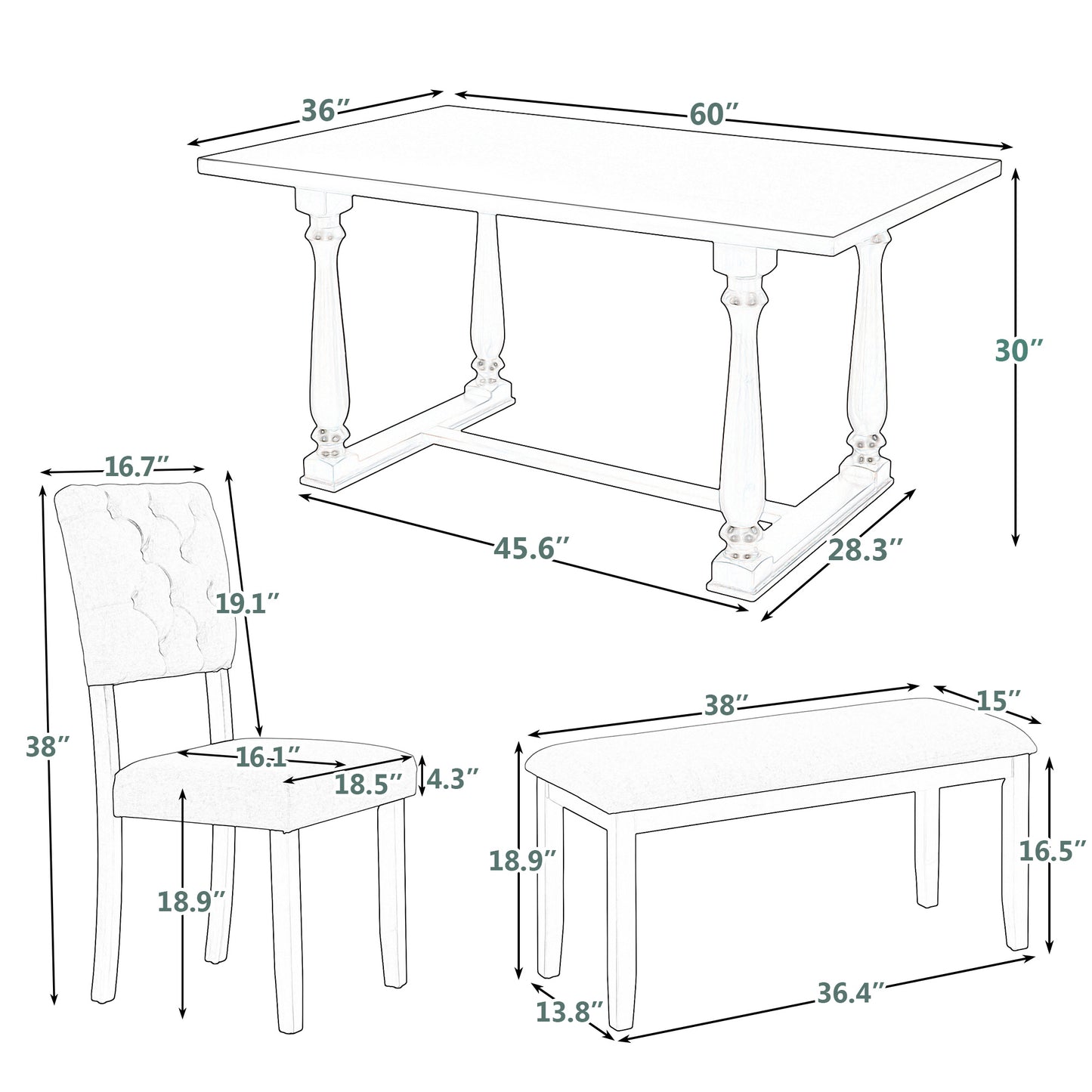 Dining Table With 4 Chairs and 1 Bench