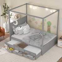 Queen Size Canopy Bed with Twin Size Trundle - Gray