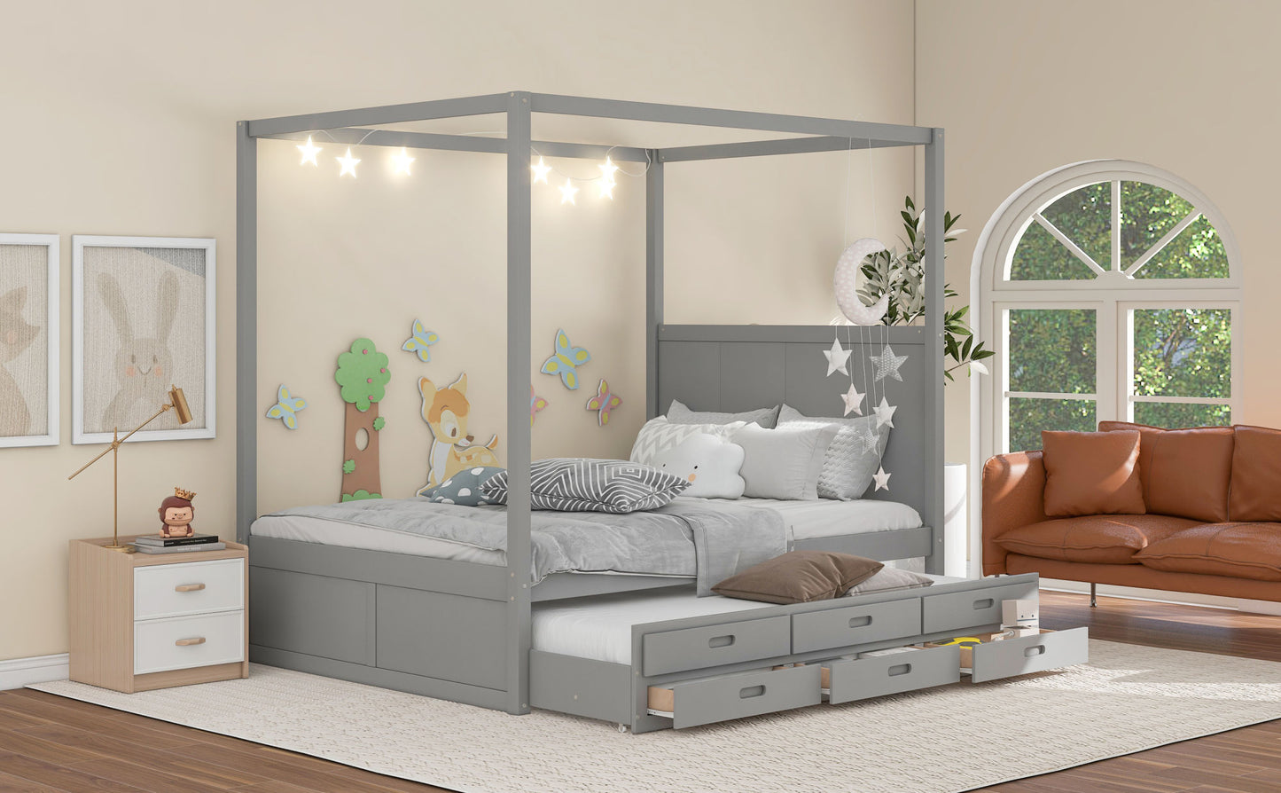 Queen Size Canopy Bed with Twin Size Trundle - Gray