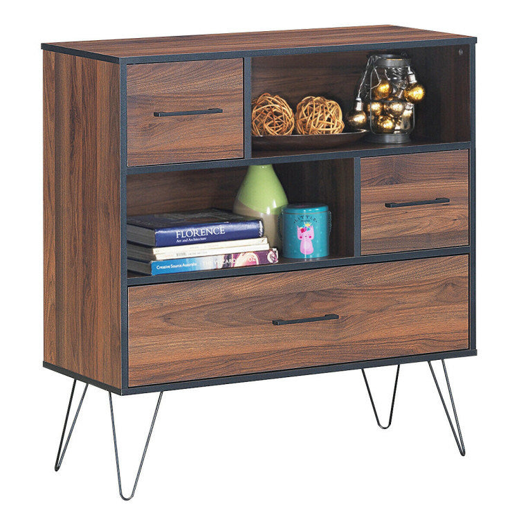 Wood Storage Cabinet with Drawers and Metal Legs