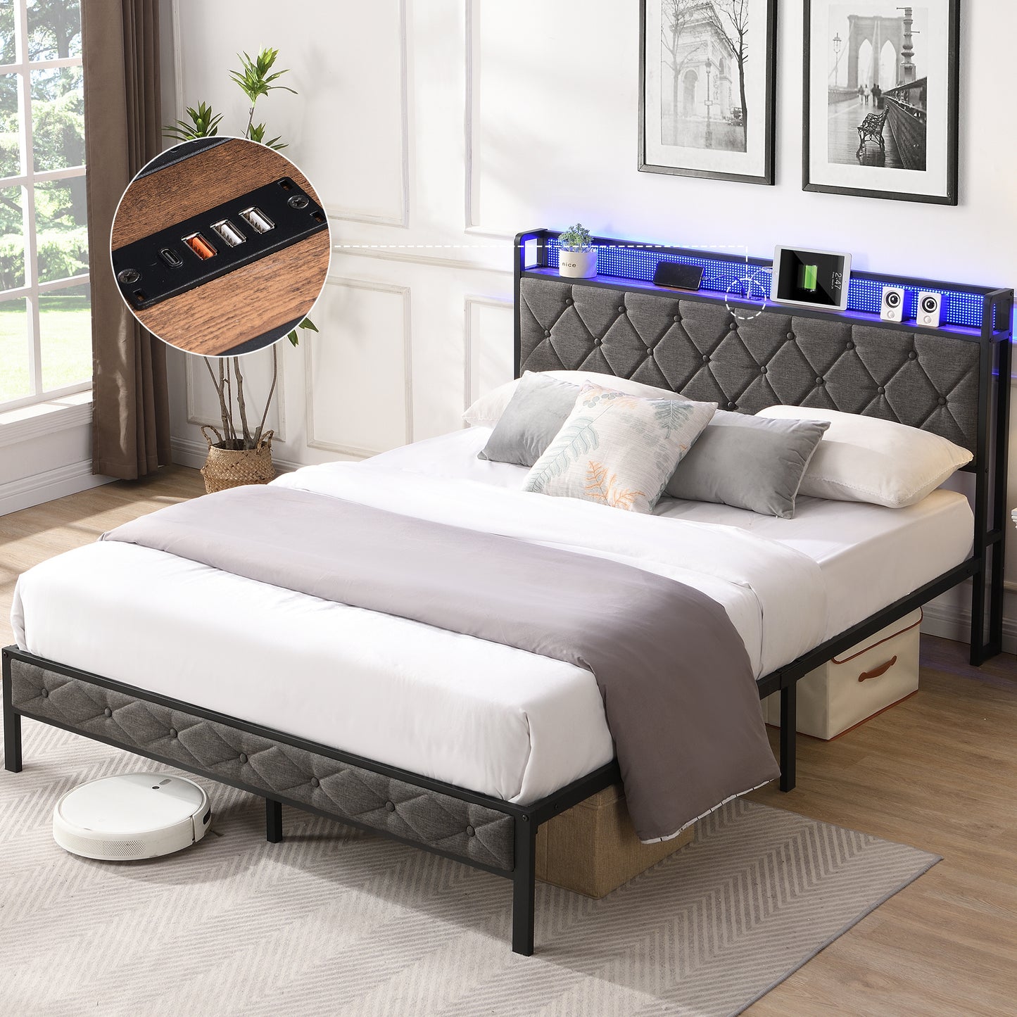 Bed Frame With LED Lights & Charger - Queen