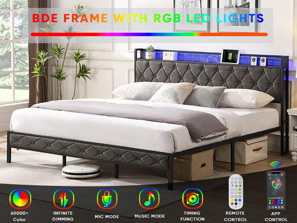 Bed frame With LED Lights & Charger - King