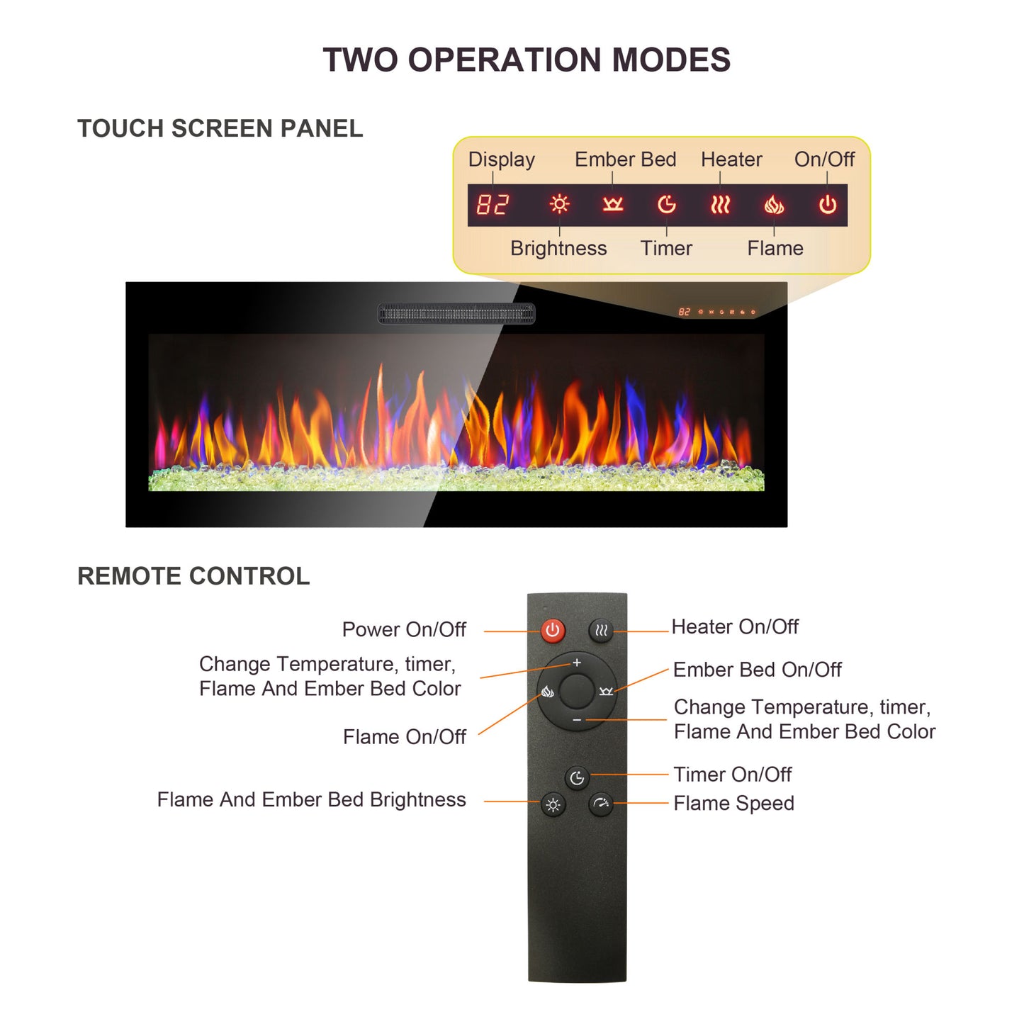 Tempered Glass Front Electric Fireplace with Remote 60"