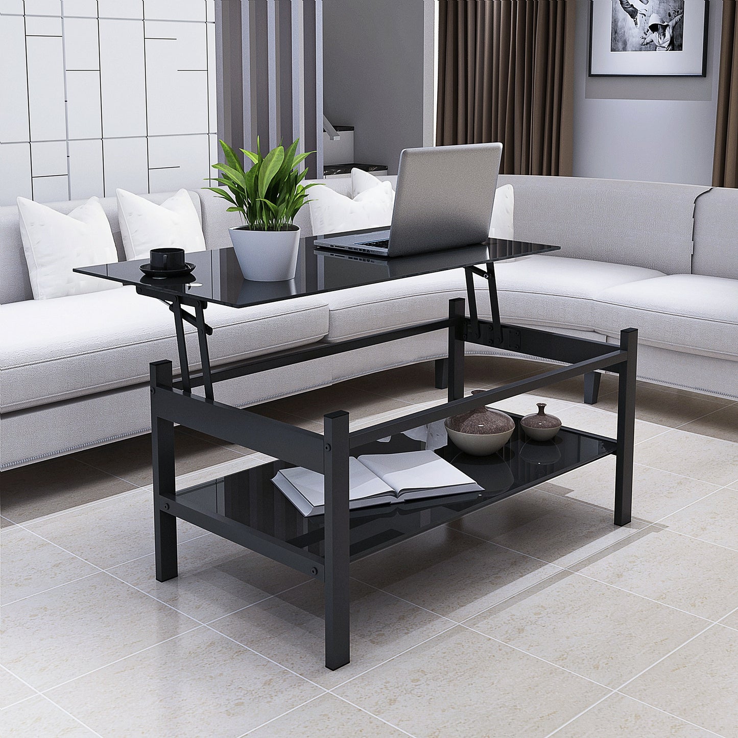 Black Glass Coffee Table with Lift-Top