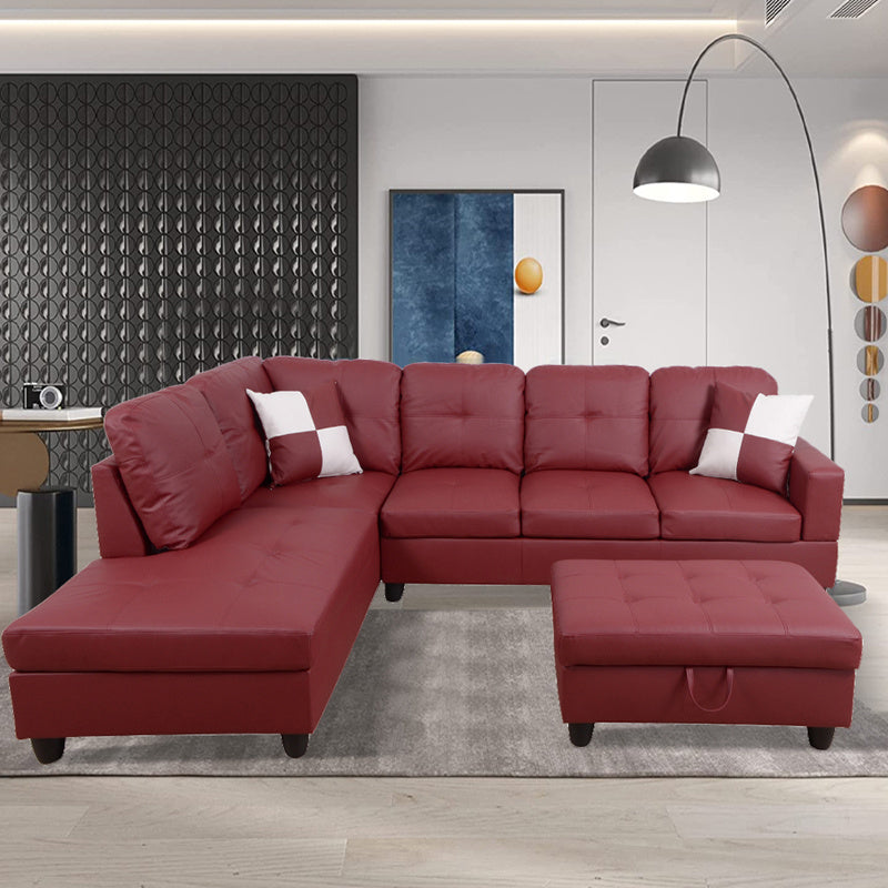 Red Faux Leather Sofa with Ottoman