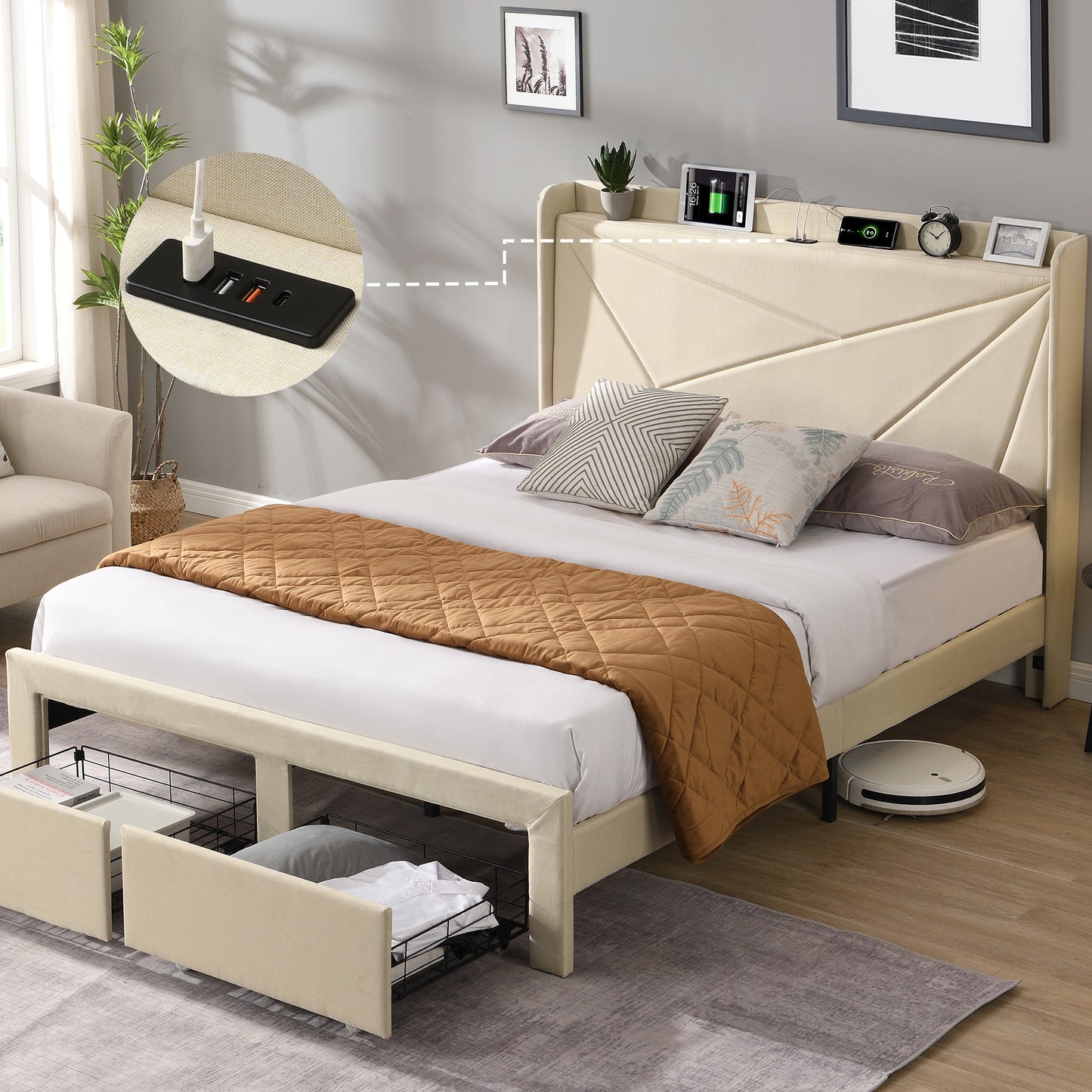 Bed Frame With Charge Ports and Storage - Queen