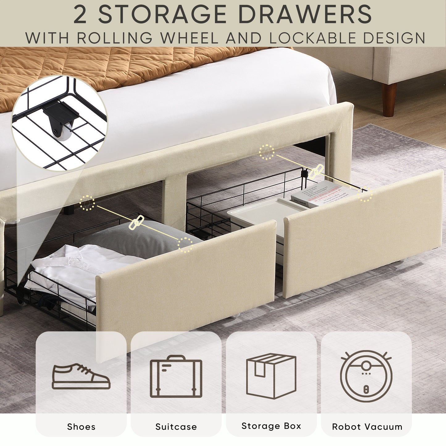 Bed Frame With Charge Ports and Storage - Queen