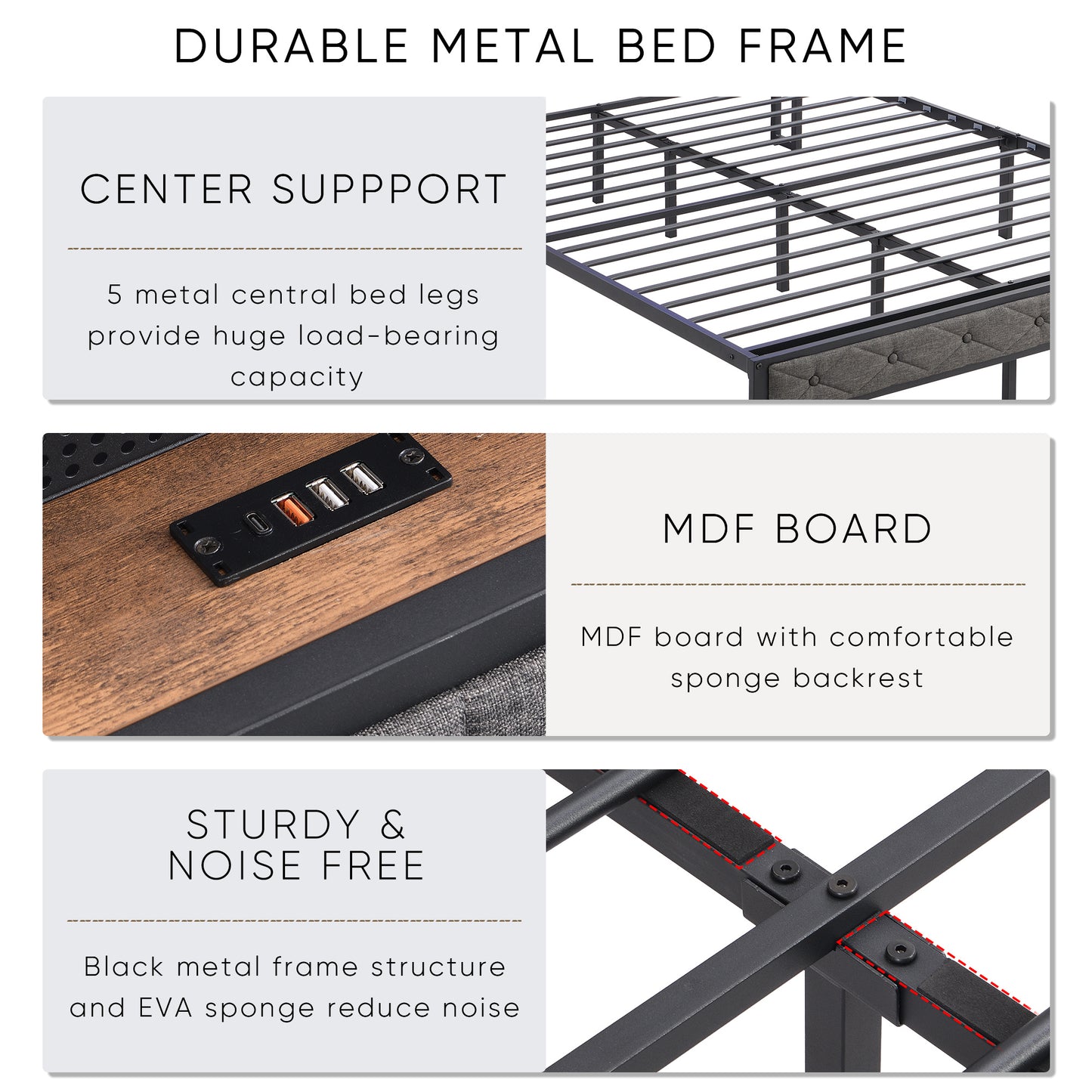 Bed Frame With LED Lights & Charger - Queen