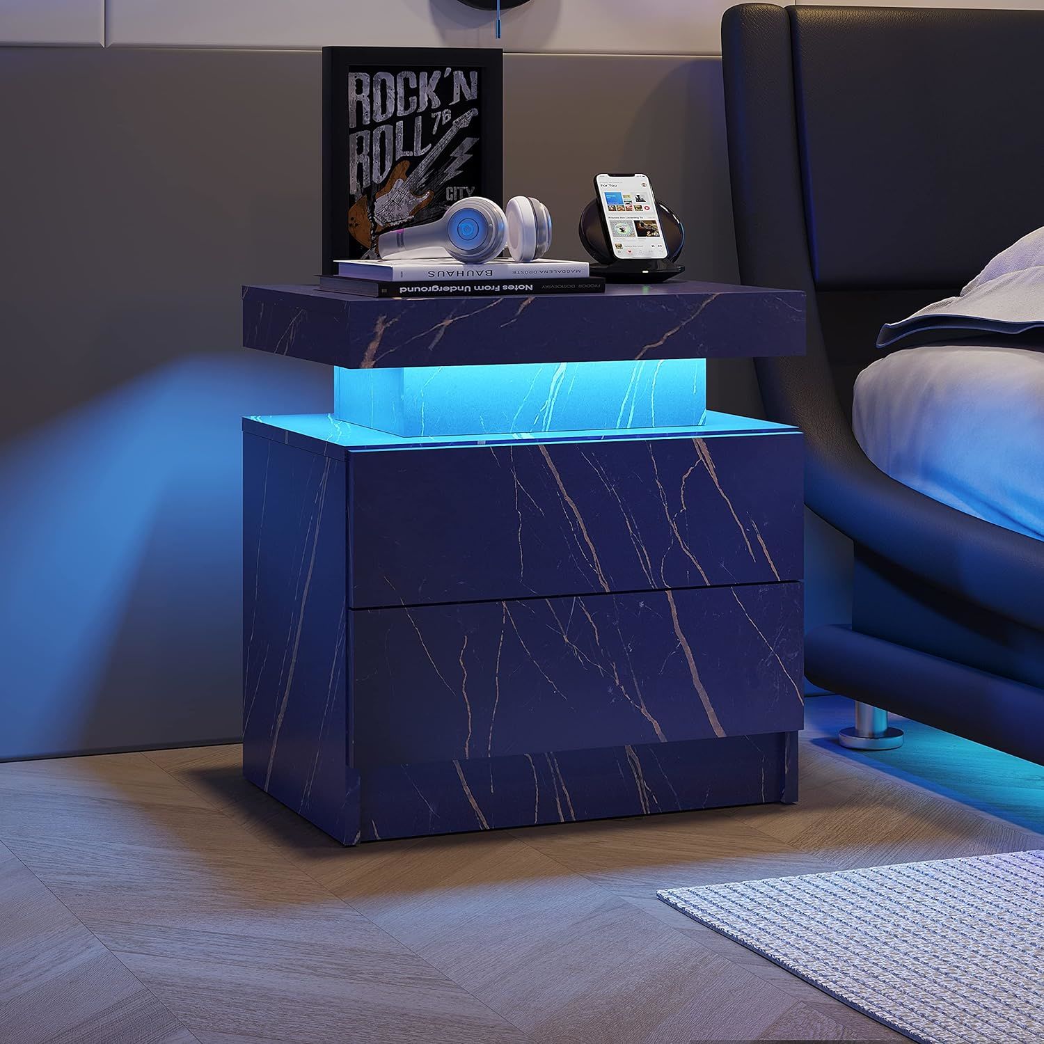 Modern LED Bedside Table - Blue and Gold