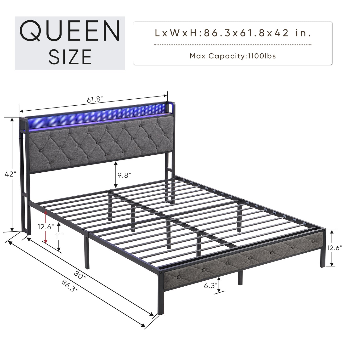 Bed Frame With LED Lights & Charger - Queen