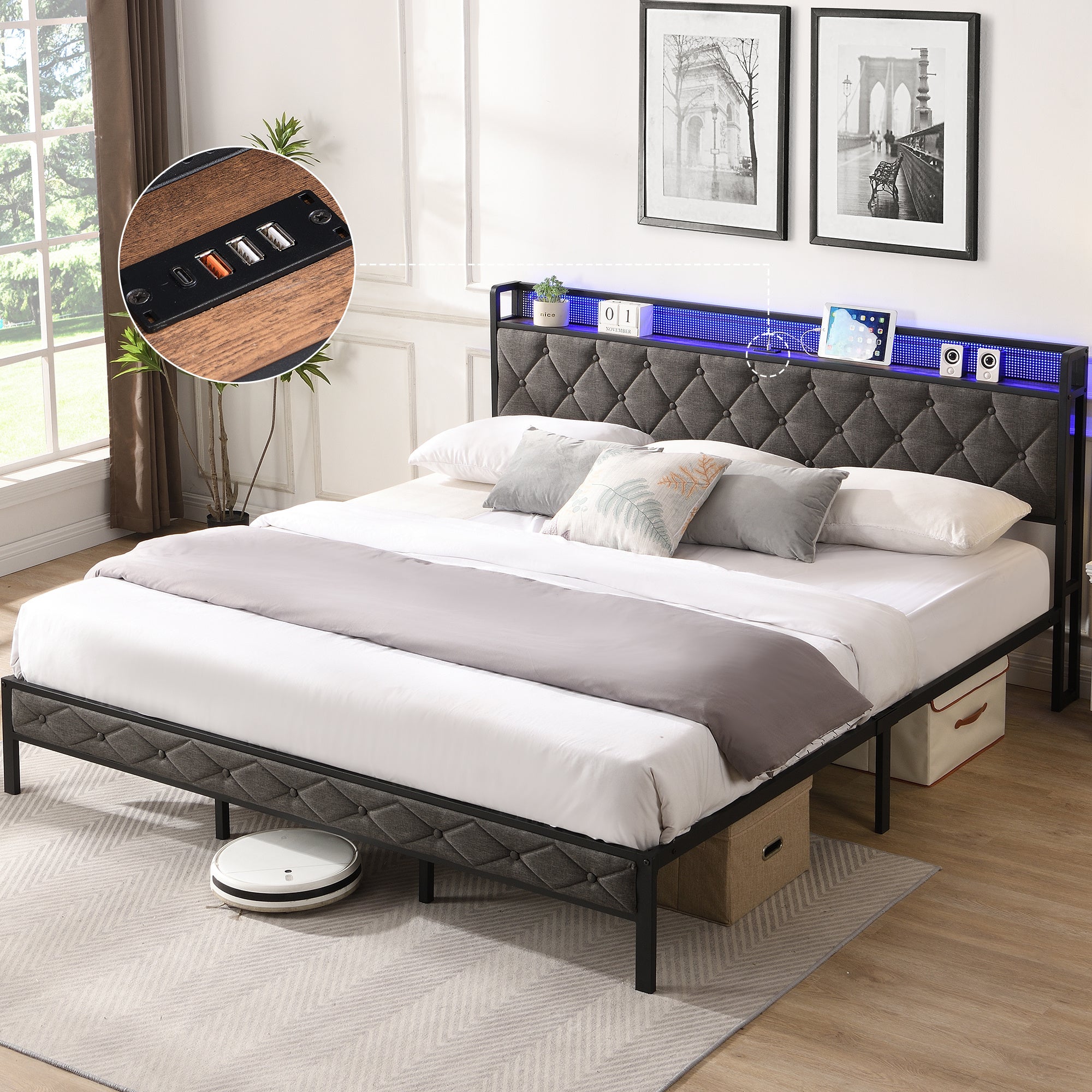 Bed frame With LED Lights & Charger - King