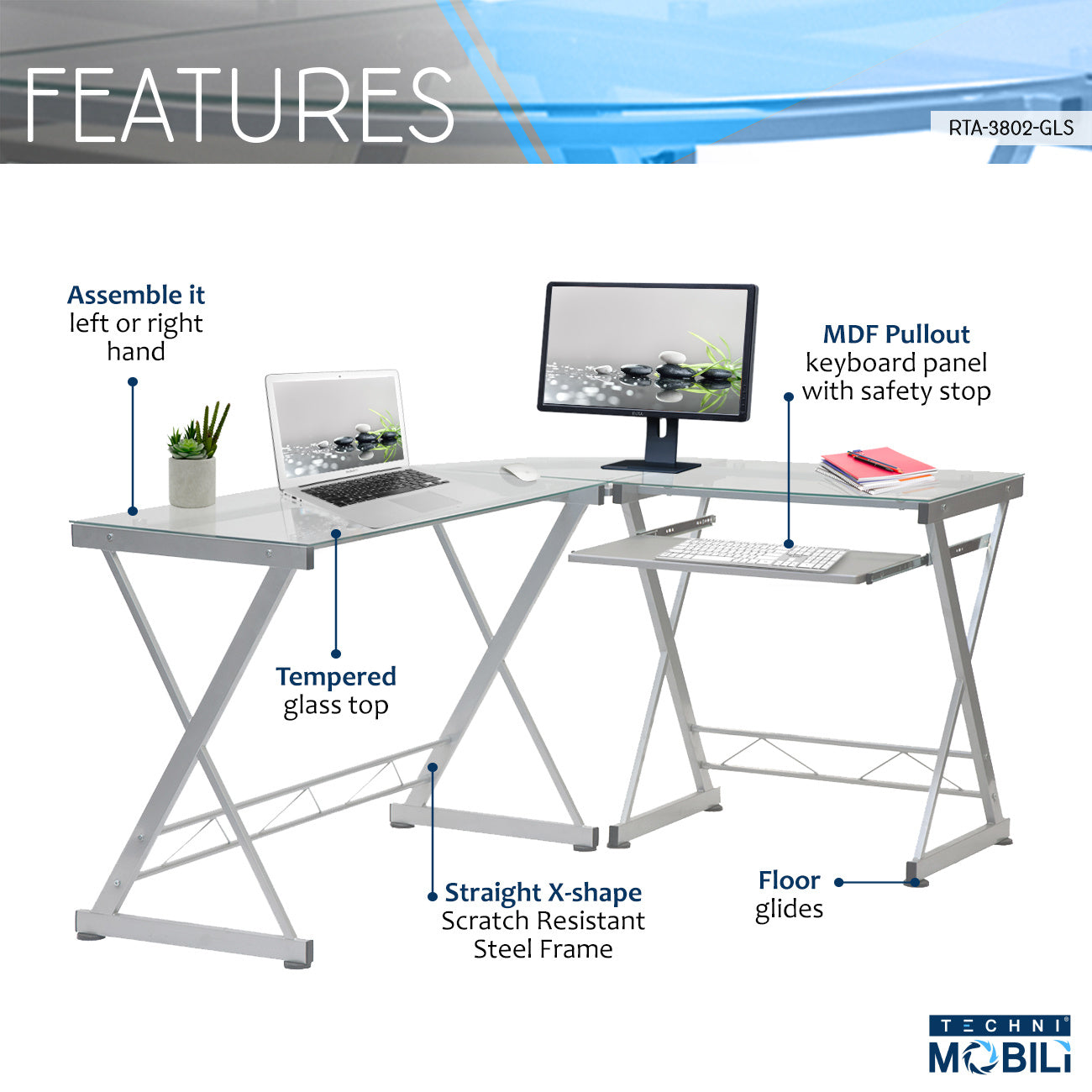 Tempered Glass Top Computer Desk with Pull Out Keyboard