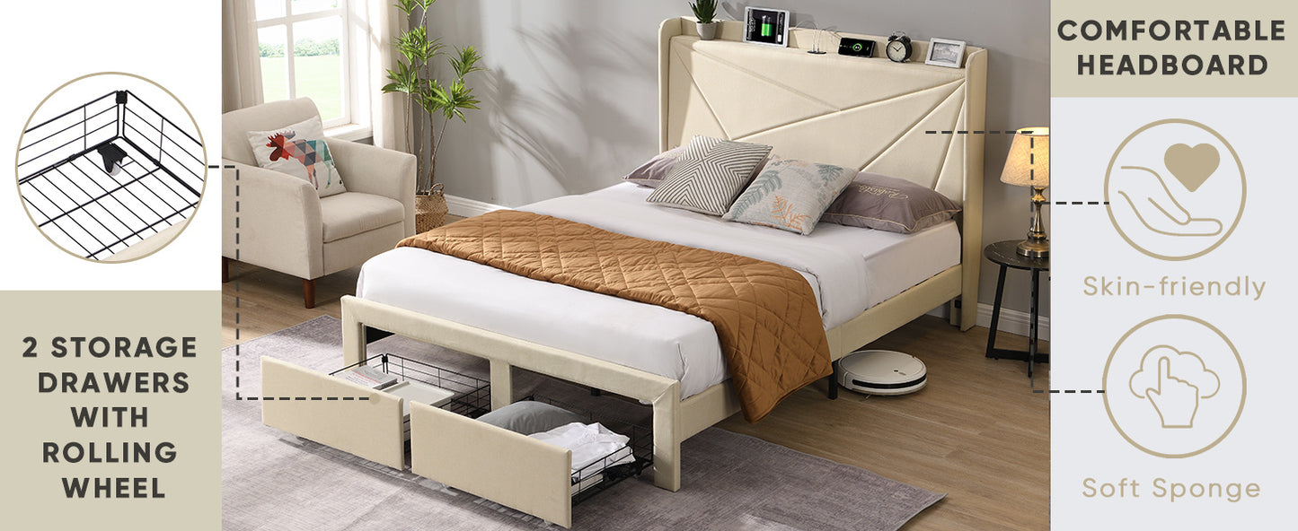 Bed Frame With Charge Ports and Storage - Queen