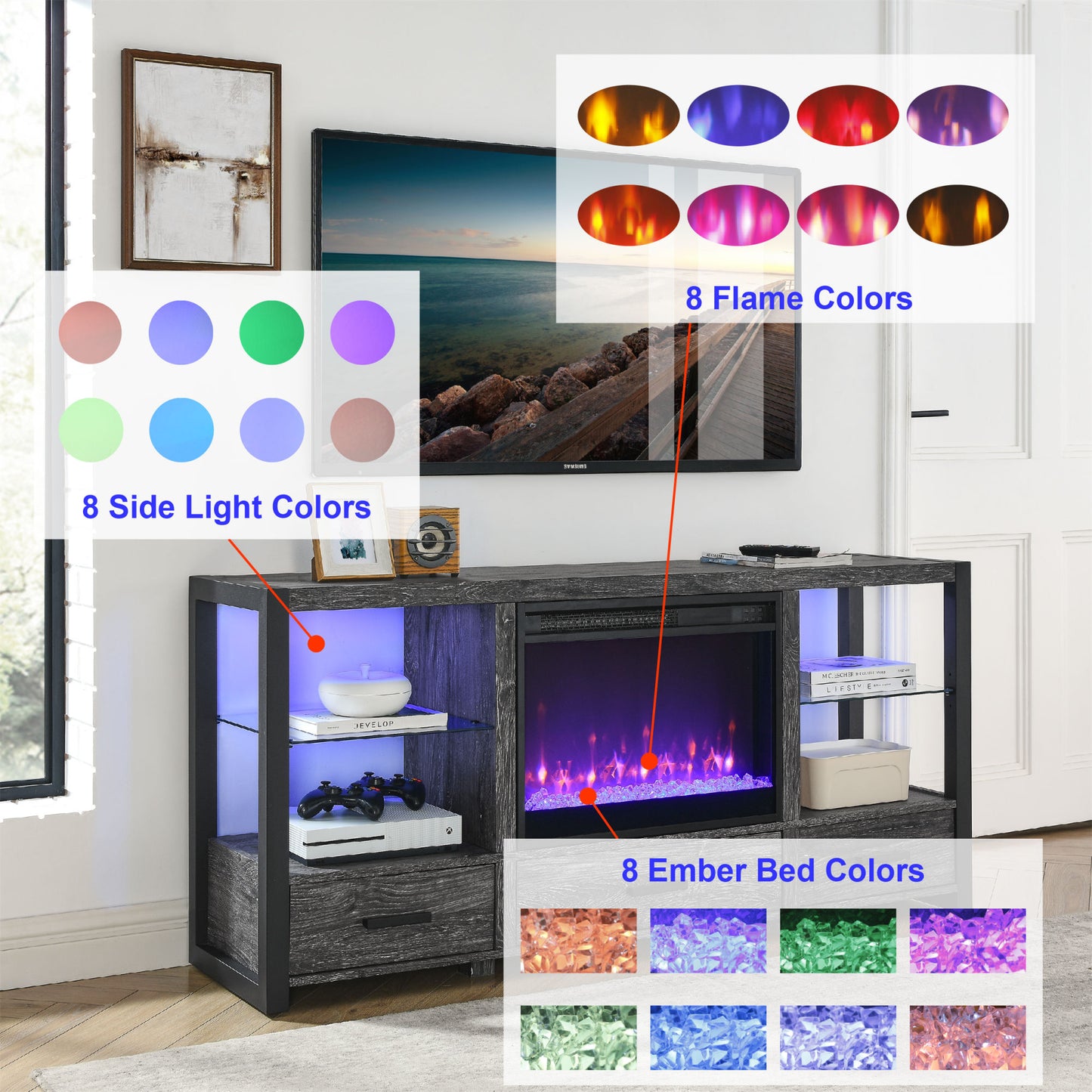 Electric Fireplace TV Stand With Colorful LED Lights