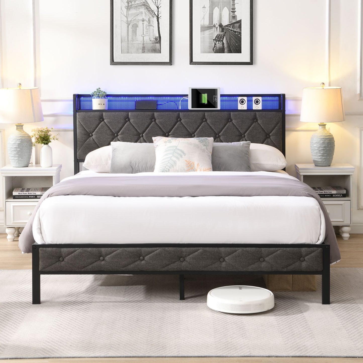 Bed Frame With LED Lights & Charger - Queen