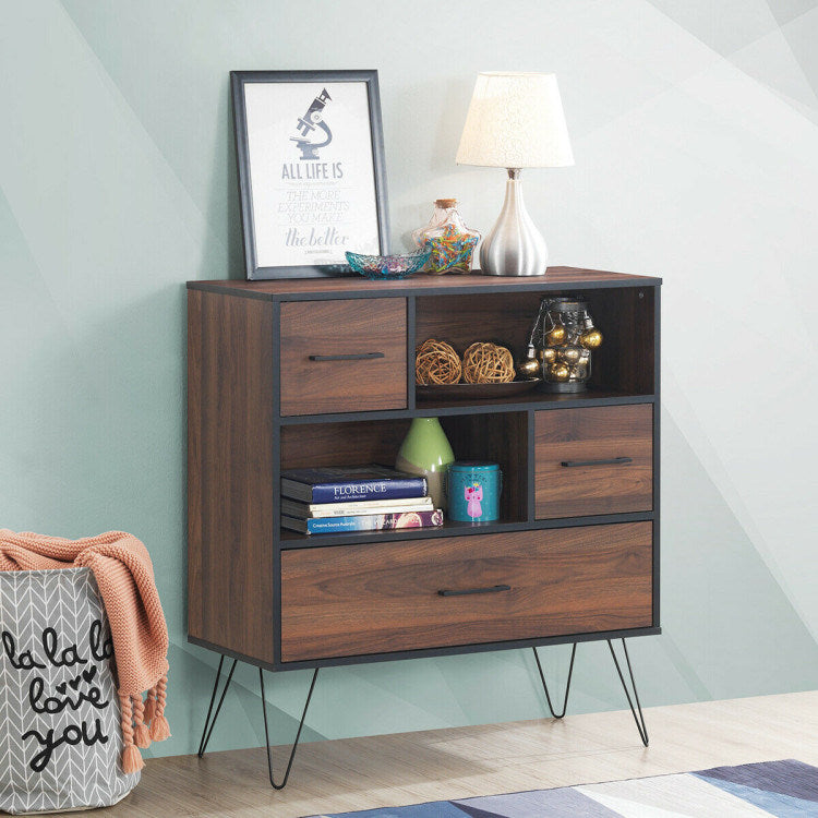 Wood Storage Cabinet with Drawers and Metal Legs