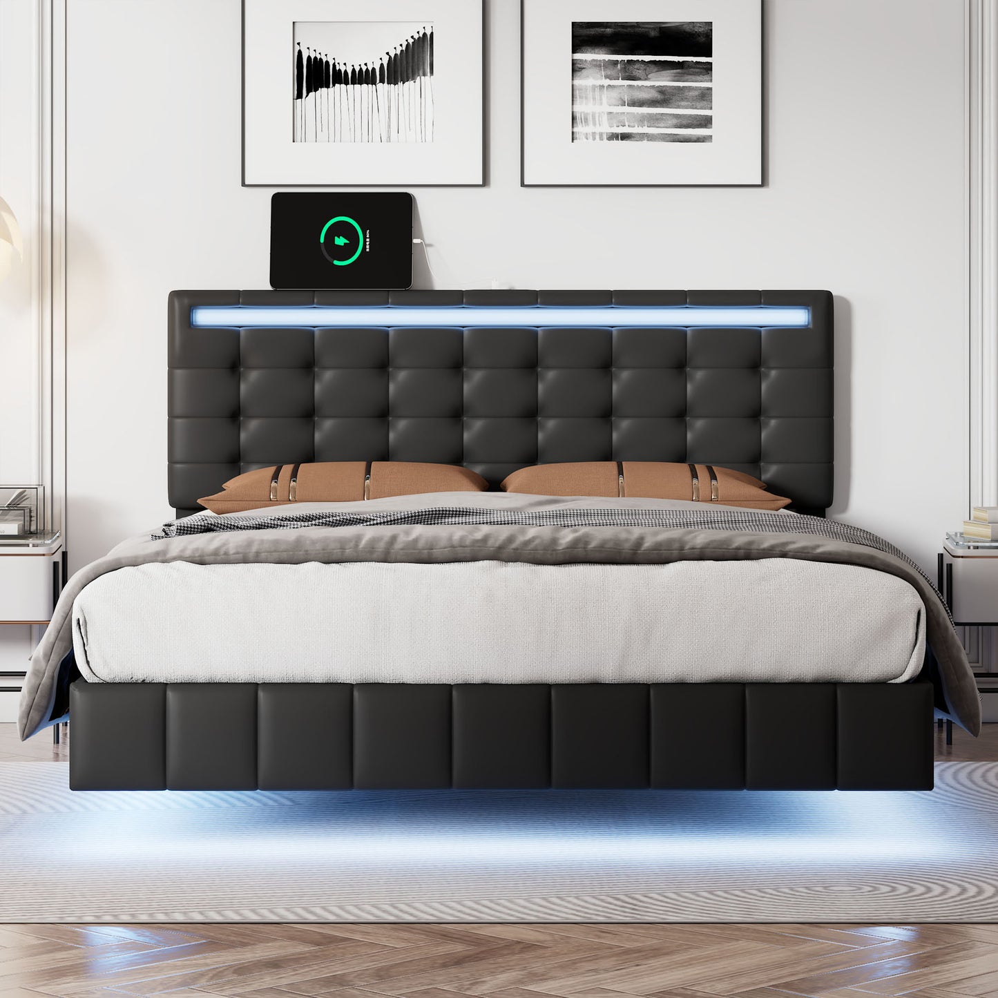 Floating Bed Frame with LED Lights and Charging Port - Full