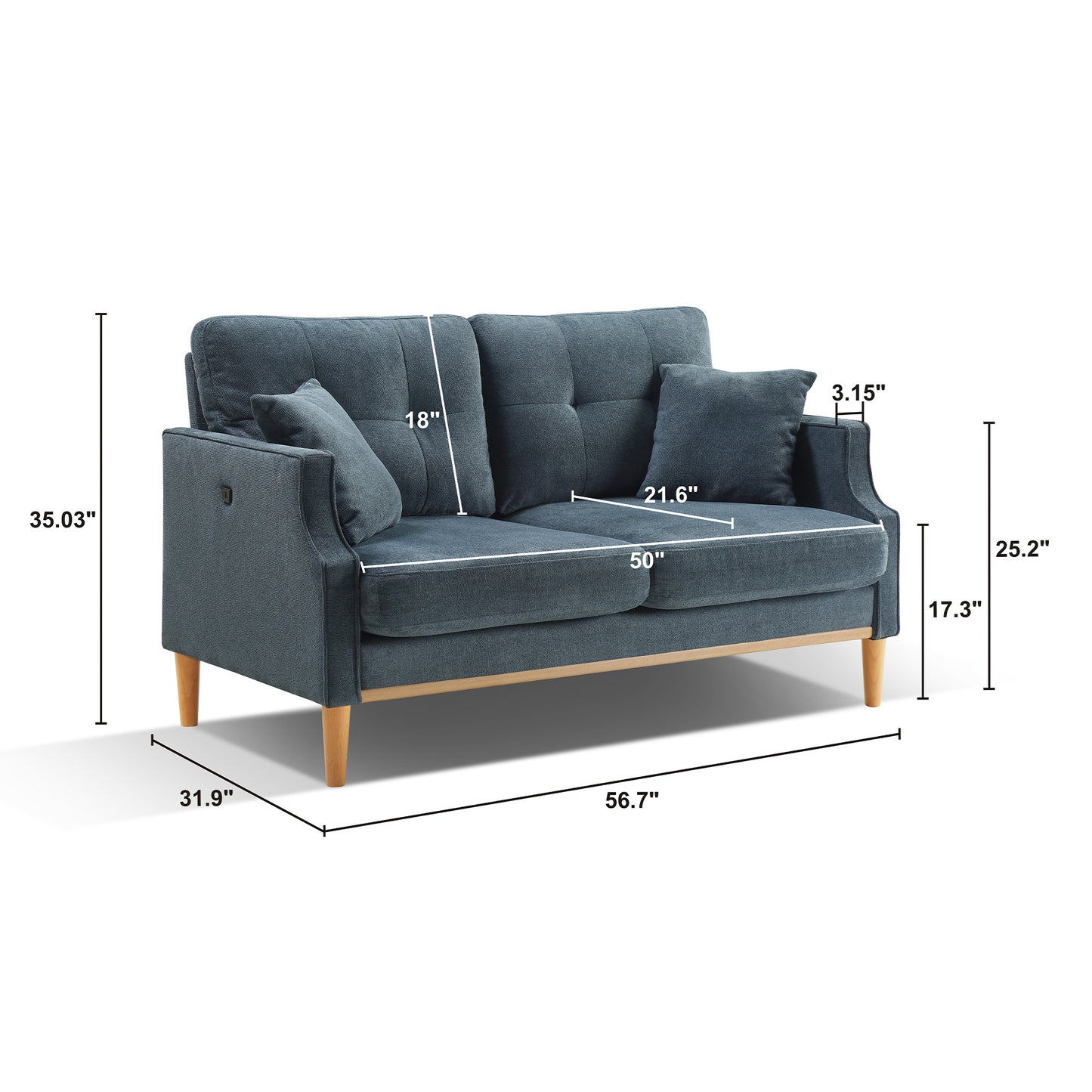 Blue Loveseat with Built-In USB Charging Port