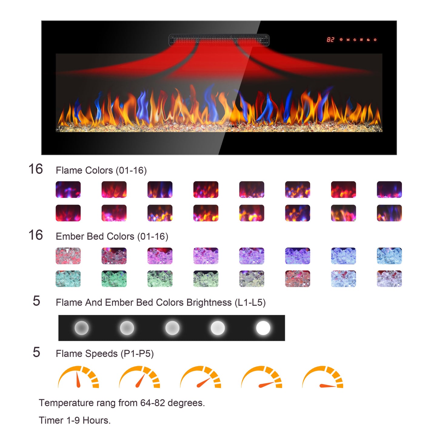 Tempered Glass Front Electric Fireplace with Remote 60"