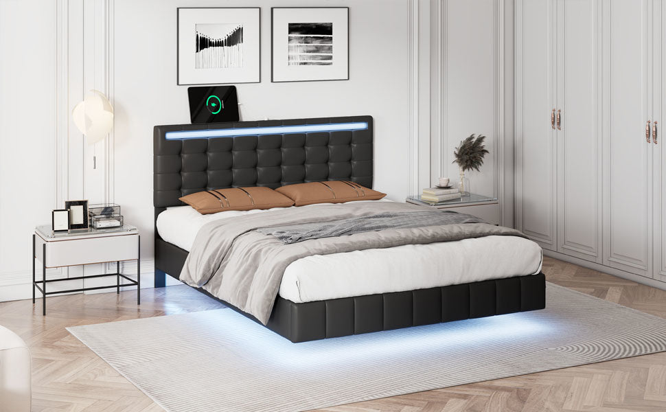 Floating Bed Frame with LED Lights and Charging Port - Full