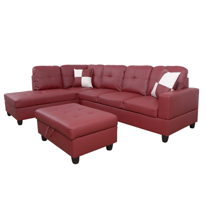 Red Faux Leather Sofa with Ottoman